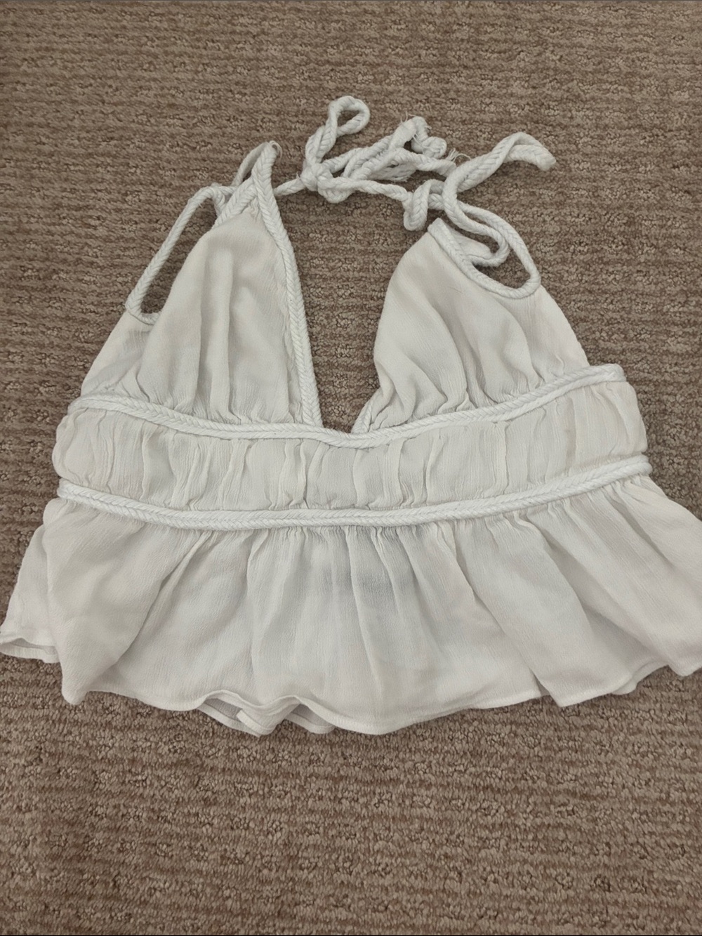 Zara White Halter Ruffle Crop Top